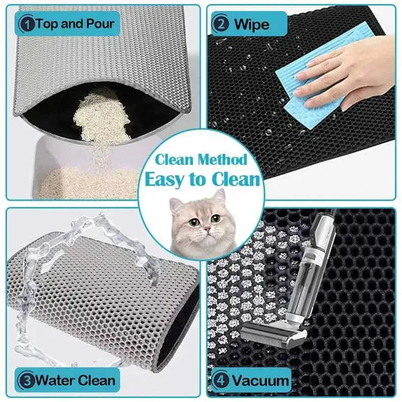 Easy-clean double-layer cat litter mat with top pour, wipe, water clean, and vacuum methods shown.