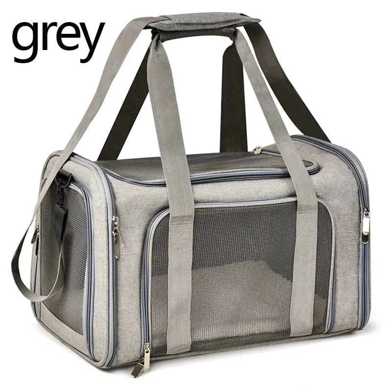 Grey dog cat carrier bag with breathable mesh design, airline-approved for small pets.