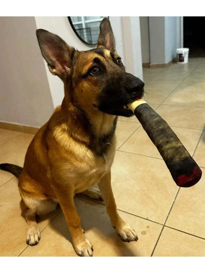 Durable plush interactive squeaky dog toy held by a German Shepherd.