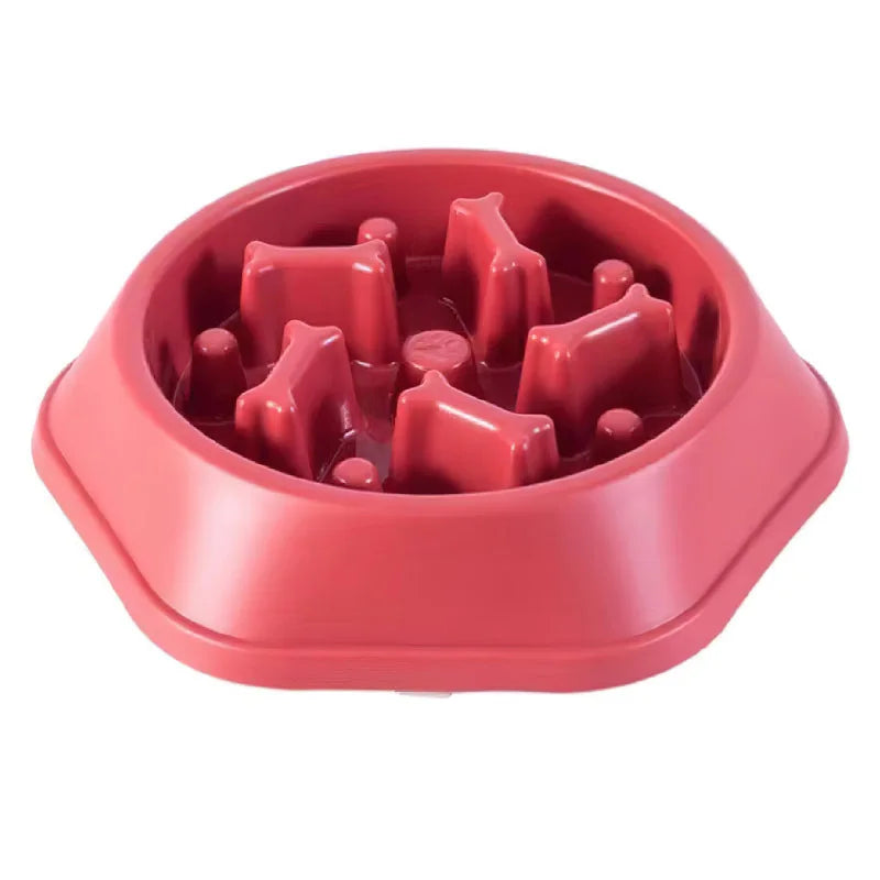 Red plastic slow feeder bowl for small and medium dogs. cat slow feeder