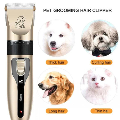 Rechargeable electric pet clipper for professional grooming of dogs and cats, featuring multiple hair types.