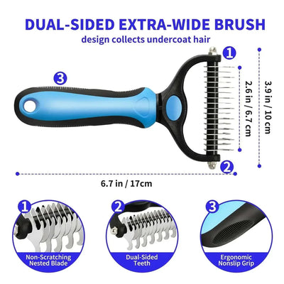 Professional pet deshedding brush with dual-sided teeth and ergonomic grip for fur removal and knot cutting. pets hair removal