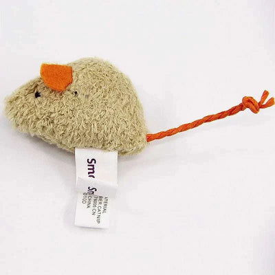 Plush simulation mouse toy for cats with orange tail.