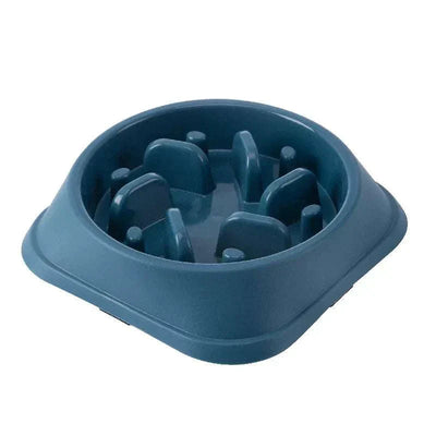 Anti-choking slow feeder bowl with non-slip design in blue for cats and dogs.