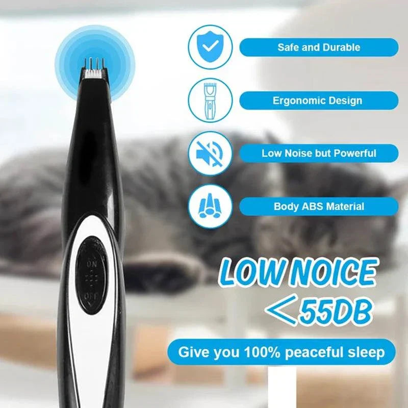 Rechargeable electric pet clipper for dogs and cats, professional grooming kit, safe with low noise design.