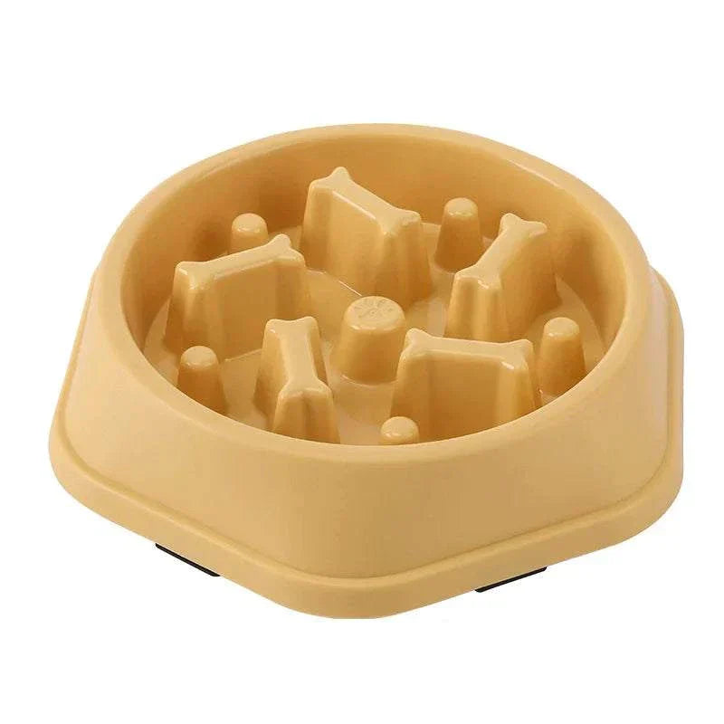 Anti-choking slow feeder bowl for cats and dogs, non-slip design, plastic material.