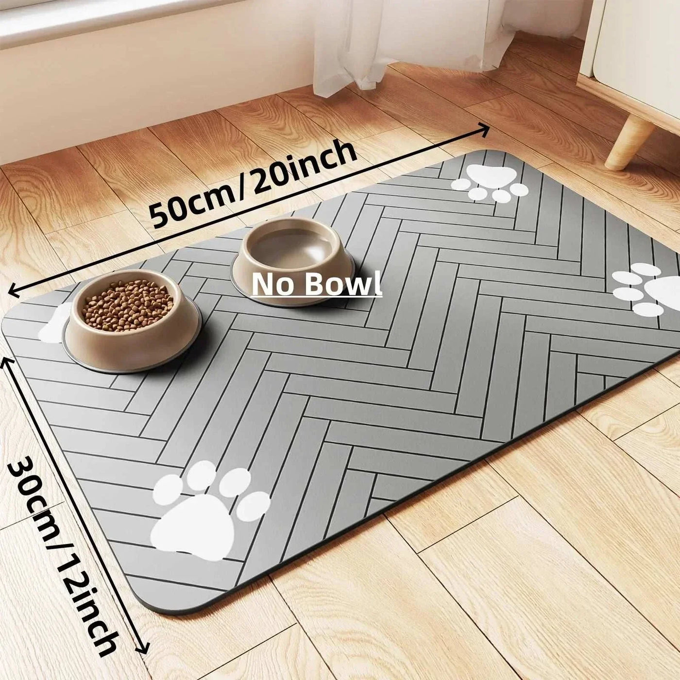 Absorbent dog feeding mat with paw prints, waterproof and quick-dry, for food and water bowls.