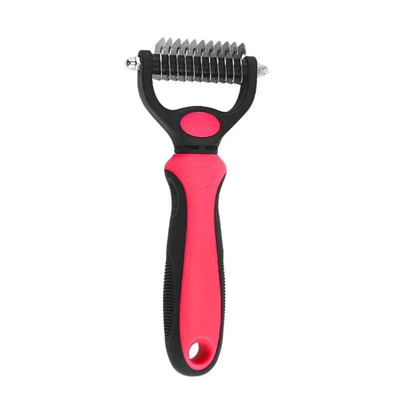 Professional pet deshedding brush with stainless steel fur remover and knot cutter for dogs and cats.