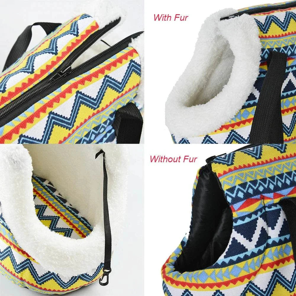 Portable dog backpack carrier with colorful zigzag pattern and fur lining, ideal for small dogs and cats, eco-friendly, and breathable.