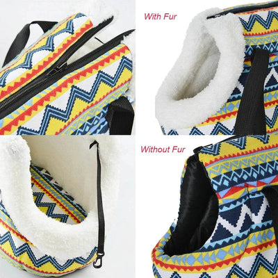 Portable dog backpack carrier with colorful zigzag pattern and fur lining, ideal for small dogs and cats, eco-friendly, and breathable.