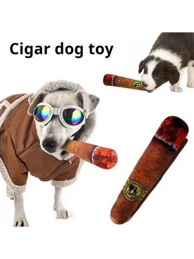 Interactive squeaky dog toy shaped like a cigar, durable plush chew toy in green, orange, and white fleece for small dogs.