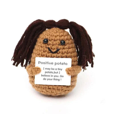 Handwoven crochet duck ornament with motivational message, textile and fabric material.