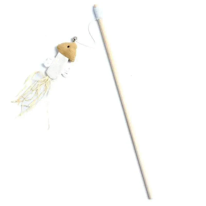 Colorful feather cat wand toy with wooden rod and mouse-style design.