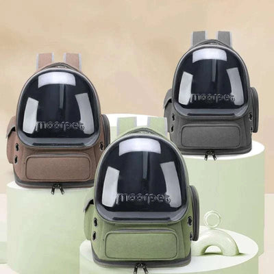Transparent pet cat carrier backpack for travel, available in multiple colors.