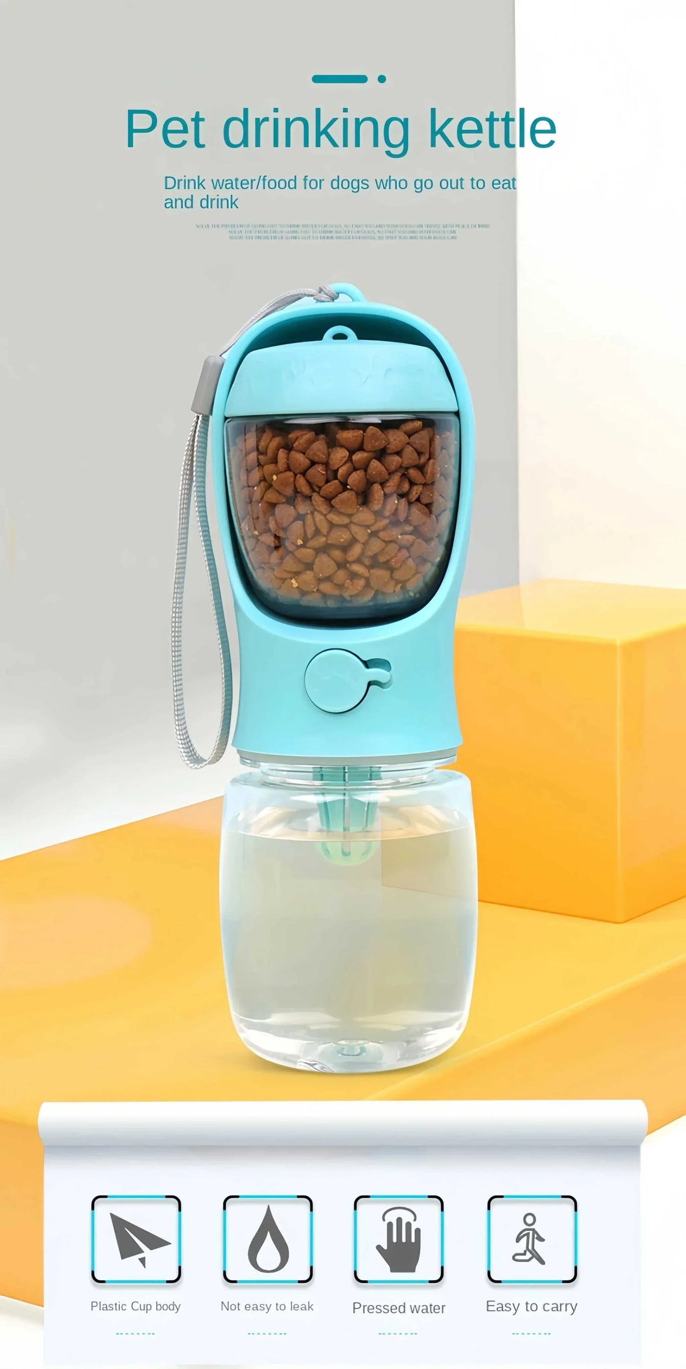 Portable pet water bottle with food and water container for dogs and cats, ideal for outdoor travel. 