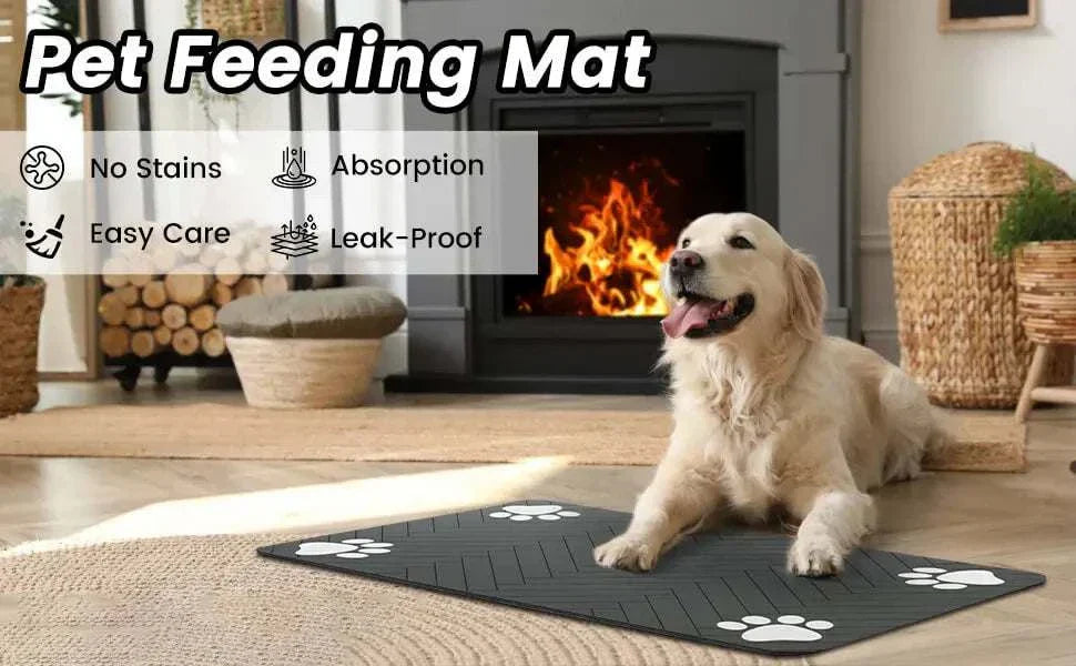 Absorbent and waterproof dog feeding mat for dogs, quick-dry placemat with paw prints.