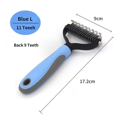 Professional pet deshedding brush with blue handle and stainless steel teeth, measuring 17.2cm with 11 teeth for fur removal and knot cutting.