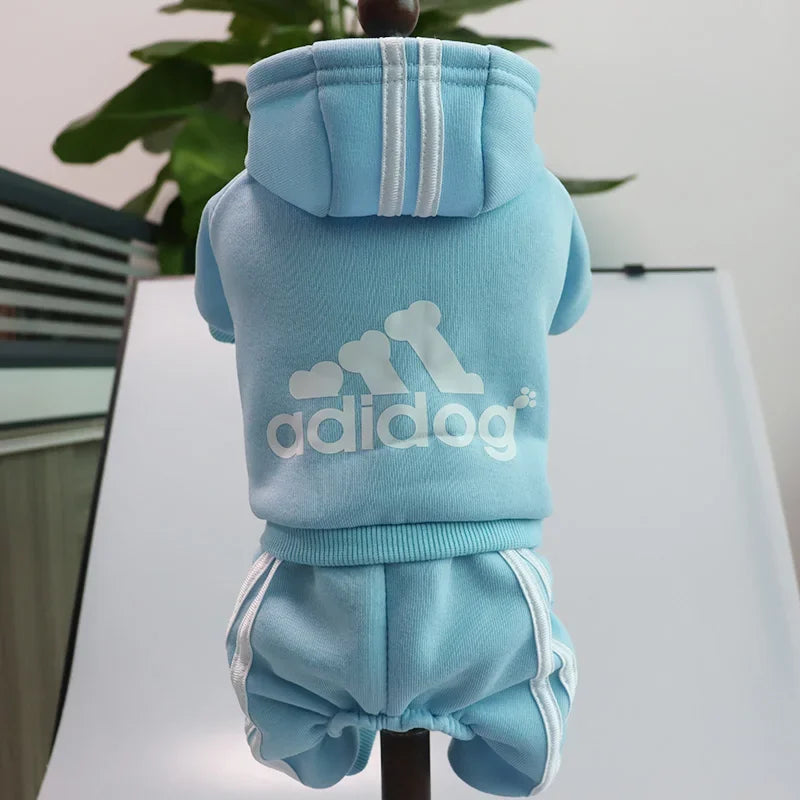 Blue Adidog fleece hoodie jumpsuit for small dogs, stylish autumn/winter wear.