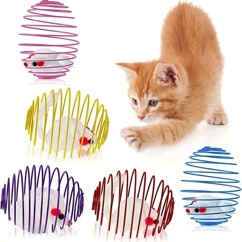 Interactive cat toy balls with stretchable springs featuring colorful designs.