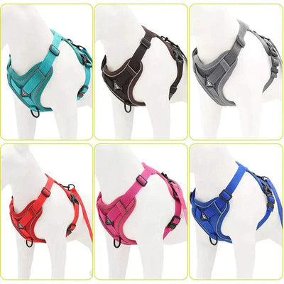 Adjustable reflective mesh dog harness and leash set in various colors for small dogs and cats.