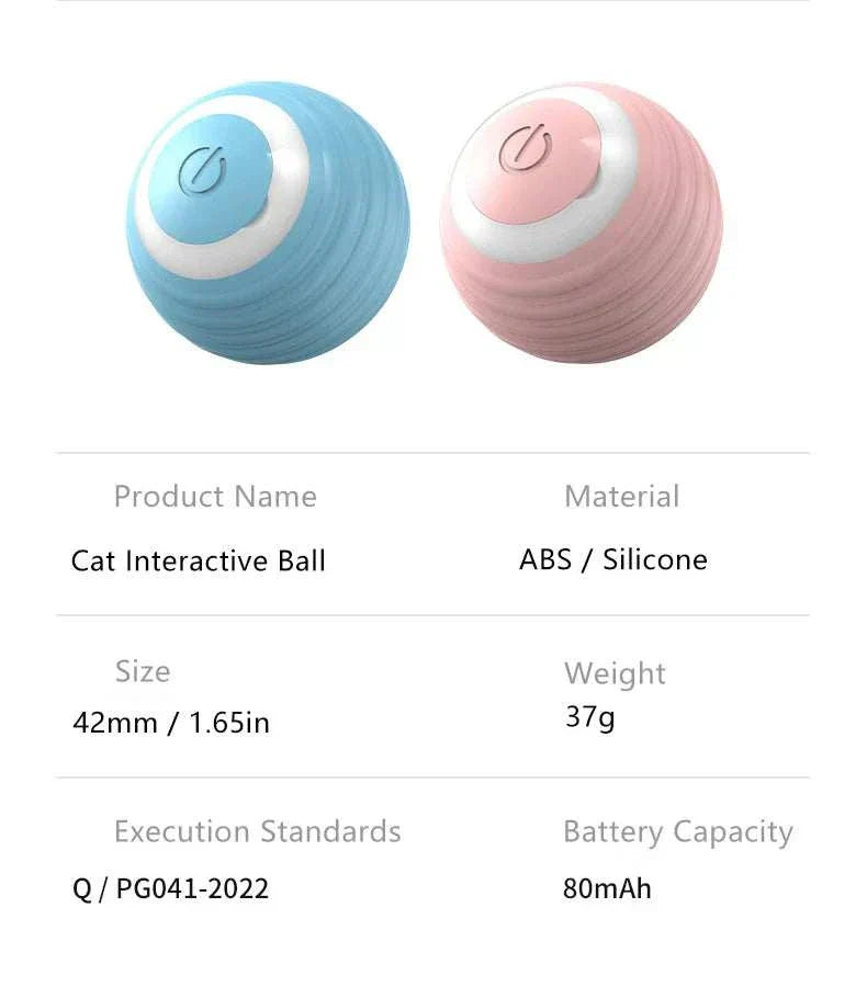 Automatic rolling smart interactive cat ball in blue and pink, silicone material, 42mm diameter, 80mAh battery capacity.