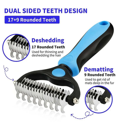 Professional pet deshedding brush with dual-sided teeth design for fur removal and knot cutting. pets hair removal