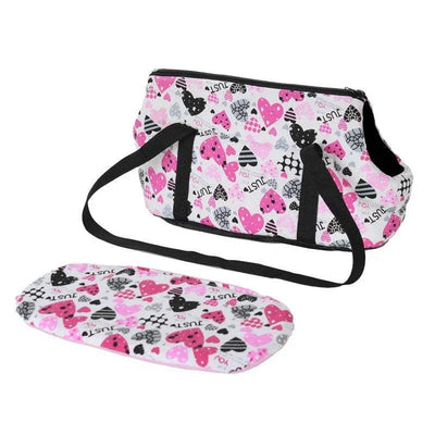 Portable dog backpack carrier with pink heart and striped pattern, ideal for small dogs and cats, eco-friendly and breathable.