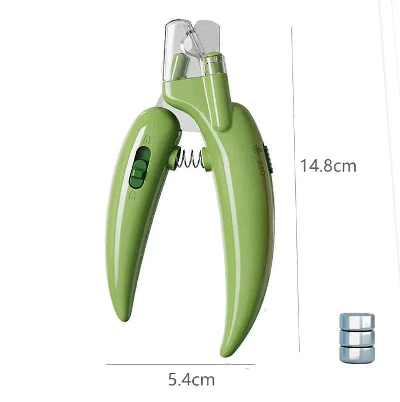 LED pet nail clippers for dogs, cats, and small animals in green.