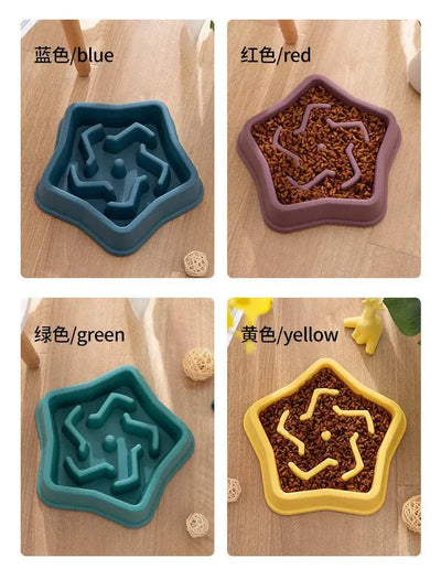 Anti-choking slow feeder bowls for pets in blue, red, green, and yellow star designs, non-slip.