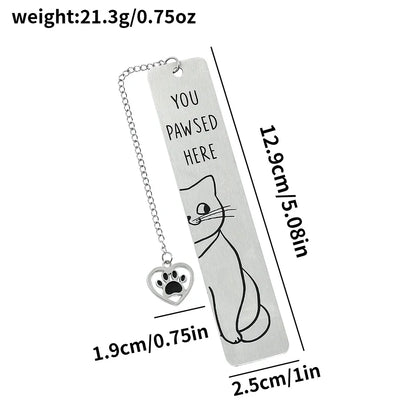 Cute black metal cat bookmarks with paw charm, featuring "You Pawsed Here" design.