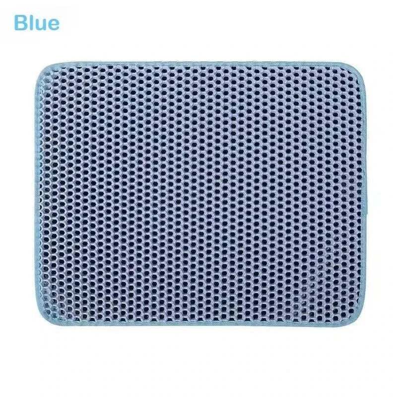 Double-layer cat litter mat in blue, waterproof and non-slip design.