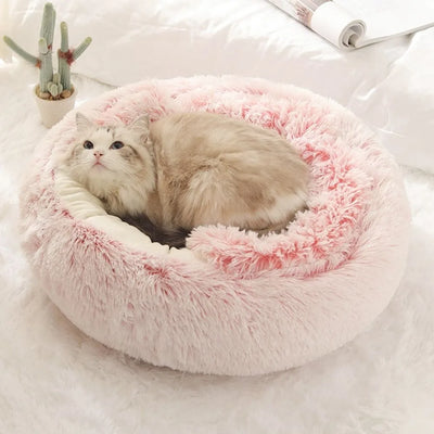 Warm plush round pet bed with a cat lying comfortably. Warm Pet Bed