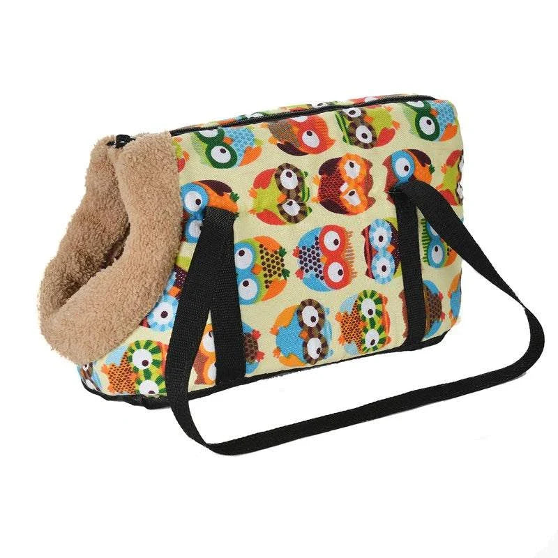 Portable dog backpack carrier with owl print design for small to medium dogs and cats.