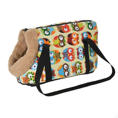 Portable dog backpack carrier with owl print design for small to medium dogs and cats.