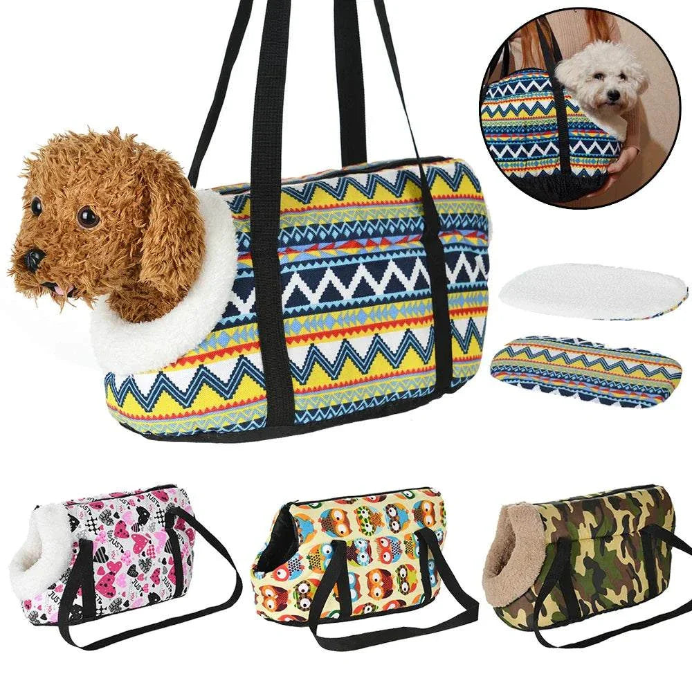 Portable dog backpack carrier in various prints for small to medium dogs and cats, featuring soft, breathable material and a comfortable design.