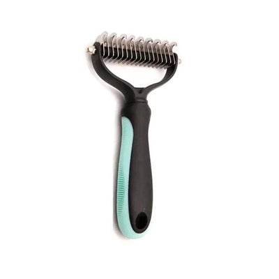 Professional pet deshedding brush with stainless steel blades for dogs and cats.