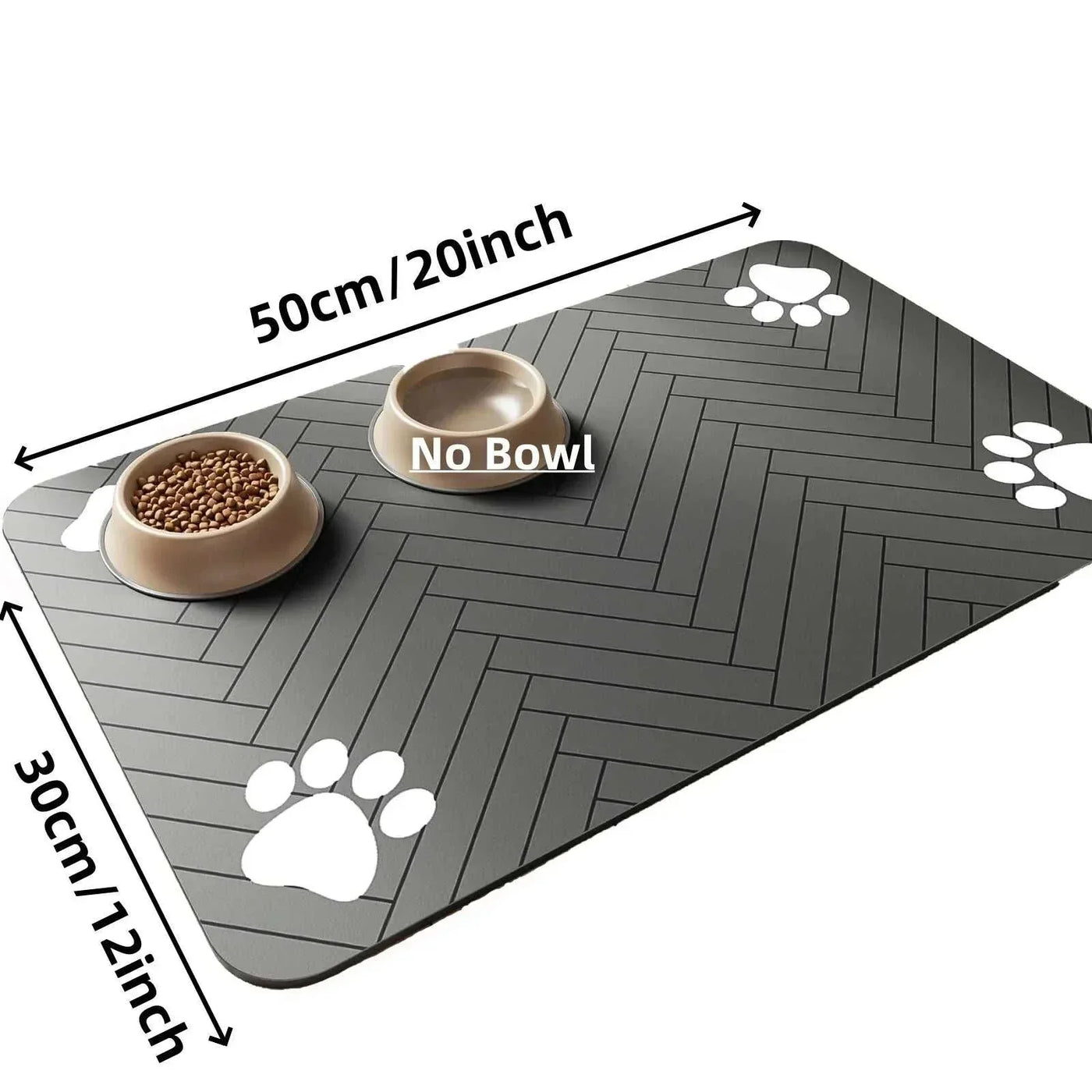 Absorbent dog feeding mat with paw print design, measuring 50cm x 30cm, featuring waterproof and quick-dry materials for food and water bowls.