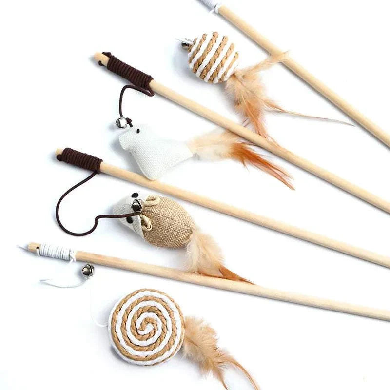 Colorful Feather Cat Wand Toy with Wooden Rod and Mouse Style Design