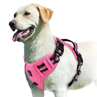 No Pull Dog Harness in pink, adjustable soft padded vest with easy control handle for adult dogs.