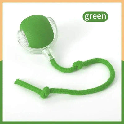 Rechargeable smart rolling ball toy for pets with green exterior and long tail design.