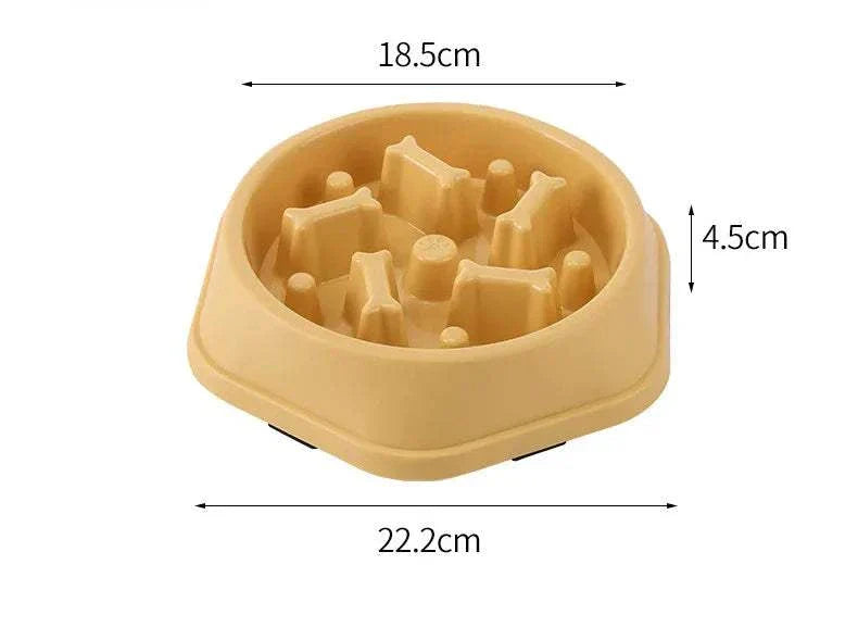 Anti-choking slow feeder bowl with non-slip design for pets, 22.2cm x 18.5cm x 4.5cm, plastic material.