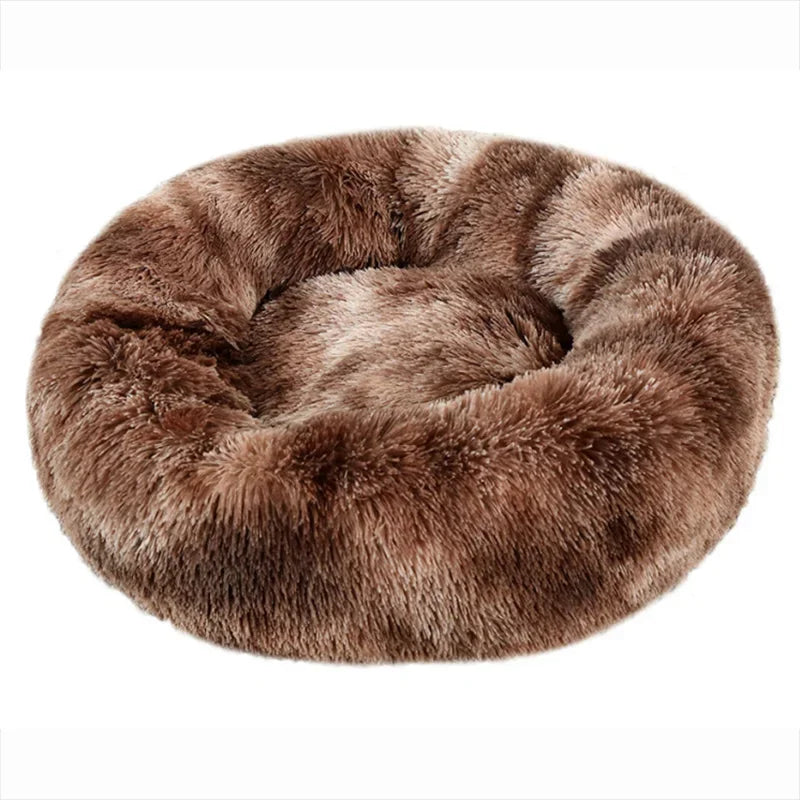 40-90cm plush round pet bed in corduroy for cats and dogs, eco-friendly and machine washable.