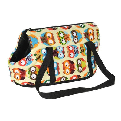 Portable dog backpack carrier with owl pattern for small pets.