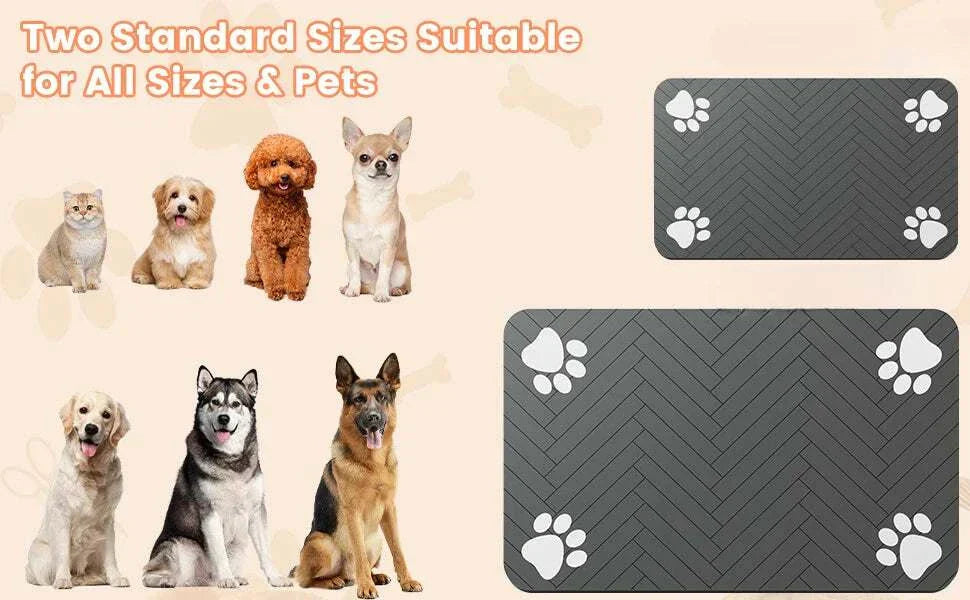 Absorbent dog feeding mat with paw designs, available in two sizes, ideal for pets.