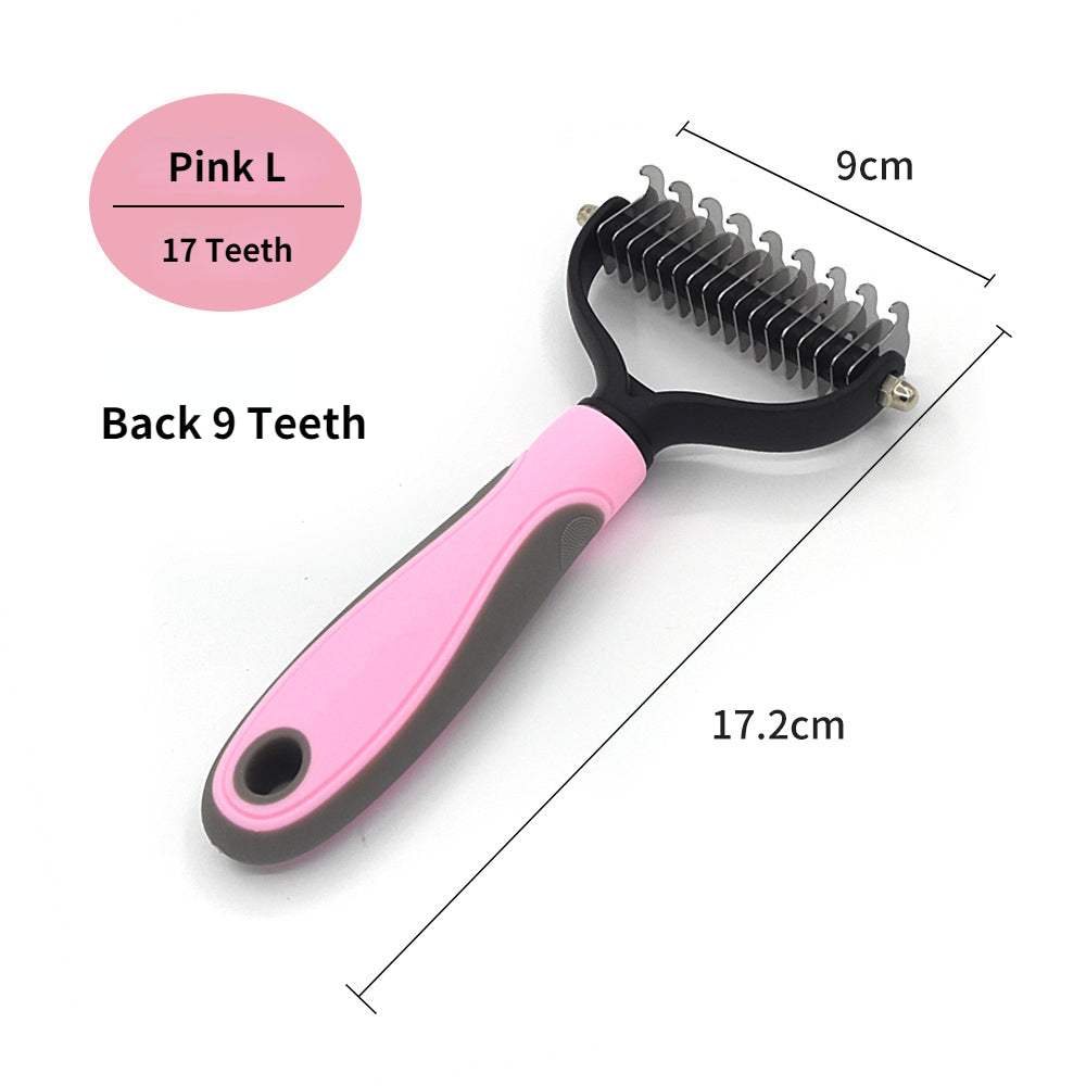 Professional pet deshedding brush with pink handle and stainless steel teeth for fur removal and knot cutting.