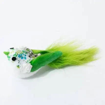 Interactive hands-free feather cat wand with bell, featuring suction cup and green feathers for playful kittens.