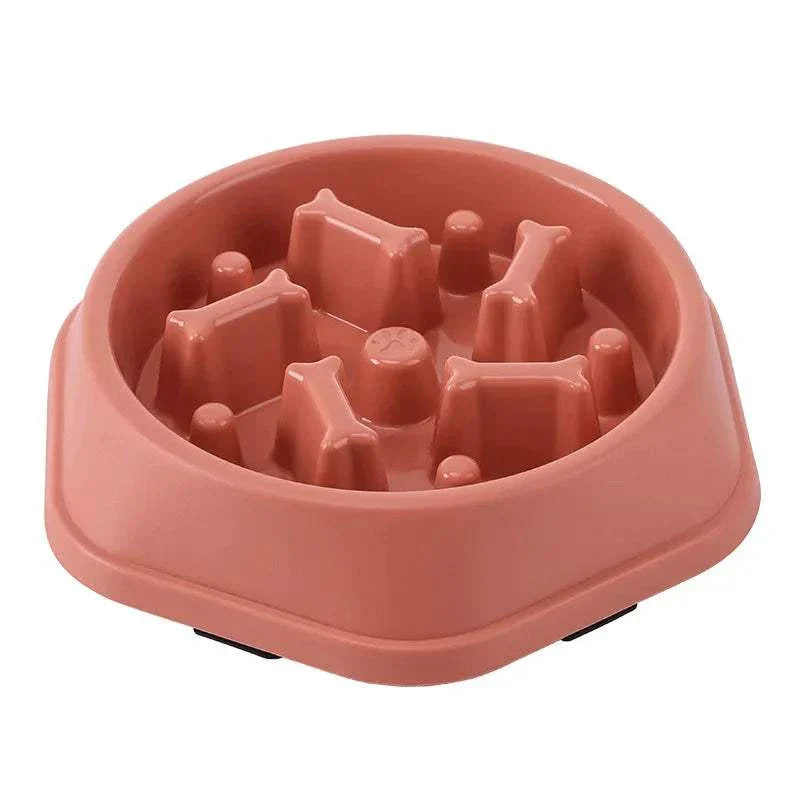 Anti-Choking Slow Feeder Bowl for Cats & Dogs in assorted colors, non-slip plastic design.