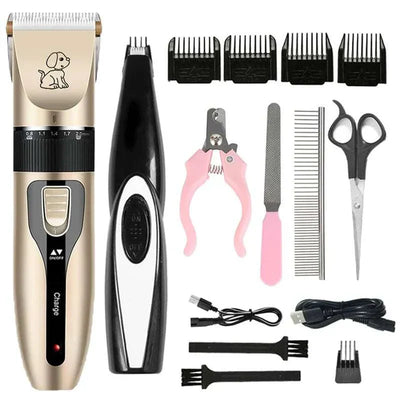 Rechargeable electric pet clipper grooming kit for dogs and cats with accessories.