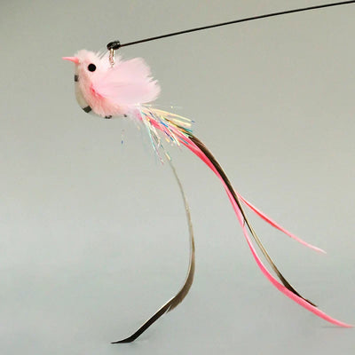 Interactive feather cat wand toy with bell and suction cup attachment.