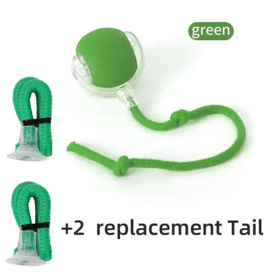 Rechargeable Smart Rolling Ball Toy for Pets with green plush tails and replacement tails.